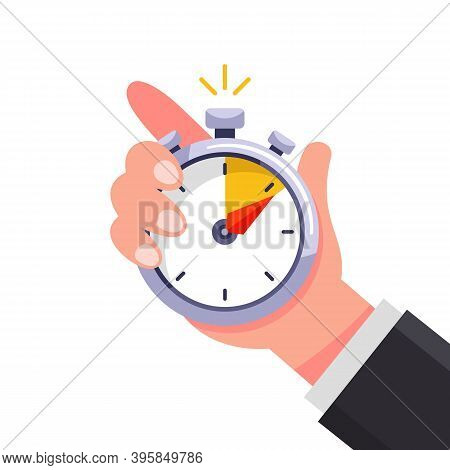 The Coach Holds A Stopwatch In His Hand And Marks The Time. Flat Vector Illustration Isolated On Whi