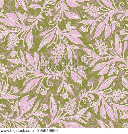 Floral Seamless Pattern With Leaves And Berries In Chartreuse Green, Pink, Cream And Taupe Colors, H