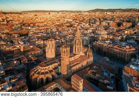 Aerial view of Gothic Quarter in Barcelona in Spain.