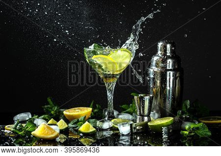 Lemon Frozen Granita Slush Drink In Glasses. Italian Granita Dessert, Refreshing Summer Slush Drink 