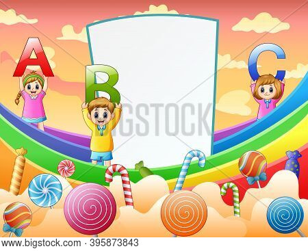 Happy Kids Holding Abc Letter In A Sweet Land
