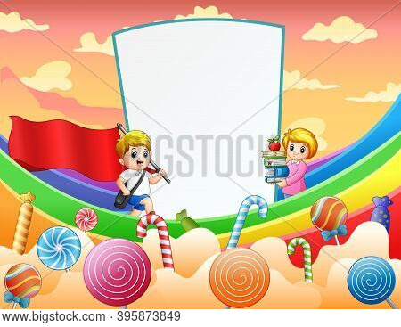 Sweet Card With Boy And Teacher On Rainbow