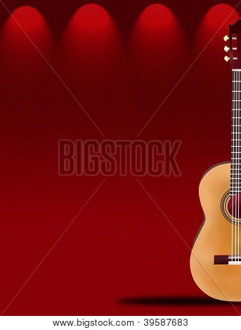 Una bella chitarra classica sul palco del teatro elegante rosso