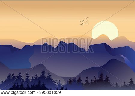Mountain And Forest Scenery In The Form Of Vector Illustrations