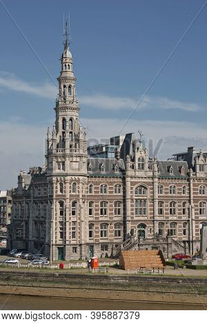 Cityscape Of A Port Of Antwerp In Belgium Over The River.