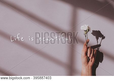 Life is beautiful quote hand holdinh flower