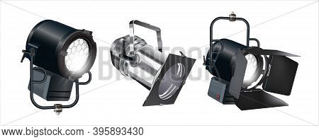Set Of Realistic Vector Floodlights, Soffits, Studio Lights. Professional Shooting Light, Studio Pro