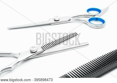Hair Scissors Set Hairdressing Tools Isolated On White Background.