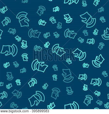 Green Line Greek Helmet Icon Isolated Seamless Pattern On Blue Background. Antiques Helmet For Head 