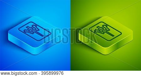 Isometric Line Mahjong Pieces Icon Isolated On Blue And Green Background. Chinese Mahjong Red Dragon