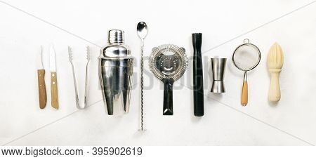 Steel Bar Tools And Accessories For Making Cocktail. Shaker, Jigger, Strainer, Spoon, Tongs, Muddler