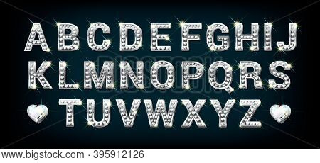 White Gold, Silver Alphabet With Heart Shaped Diamonds. Letters A To Z In Realistic Style Vector Ill