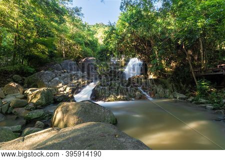 Famous Tropical Waterfall Namuang During Rainy Season On Koh Samui Island In Thailand, Fresh Water I