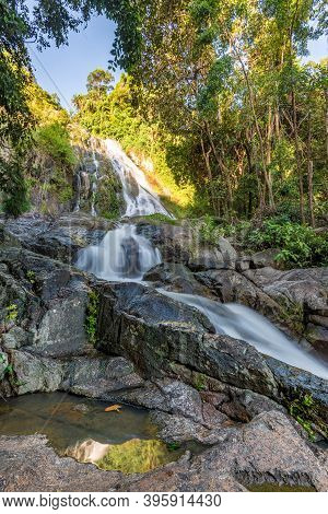 Vertical Photo, Famous Tropical Waterfall Namuang During The Rainy Season On Koh Samui In Thailand, 