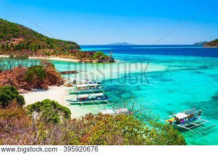 Traditional Filipino Bangka Boat Or Banca At Malcapuya Island Near Busuanga, Palawan Province In Phi