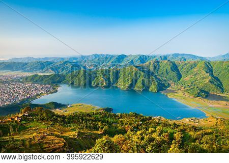 Phewa Lake Aerial Panoramic View. Phewa Lake Or Fewa Tal Is A Mountain Lake Near Pokhara City In Him