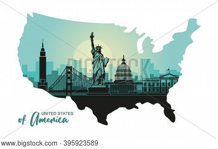Abstract City Skyline With Sights Of The Usa At Sunset In The Form Of A Map