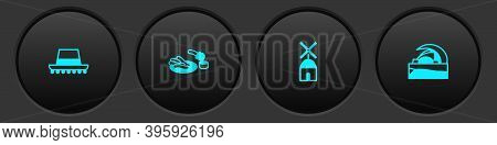 Set Spanish Hat, Churros And Chocolate, Windmill And Concert Hall De Tenerife Icon. Vector