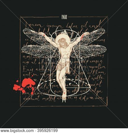 Hand-drawn Illustration With A Crucifix And The Inscription Inri On Old Paper. Abstract Religious Ba