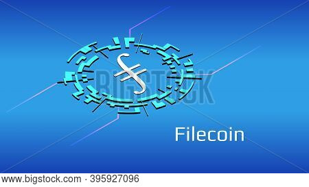 Filecoin Fil Isometric Token Symbol In Digital Circle On Blue Background. Cryptocurrency Icon. Vecto