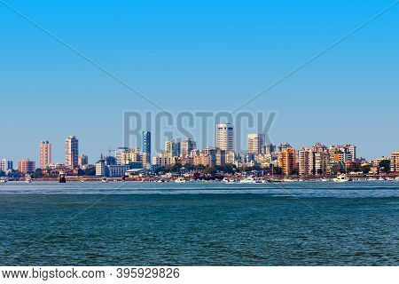 Mumbai City Skyline Panoramic View From Nariman Point At Marine Drive. Mumbai Is A Financial Capital
