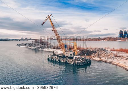 Old Floating Crane. Huge Floating Crane At Work