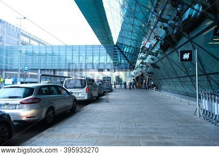 Exterior Of The Airport Terminal In Krakow. A Modern Glass And Metal Building. Krakow, Poland - 05.1