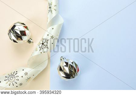 Spiral Ribbon  With  Christmas Pattern,  Snowflakes, Silver Balls Invitation, Paper. Place For Text.