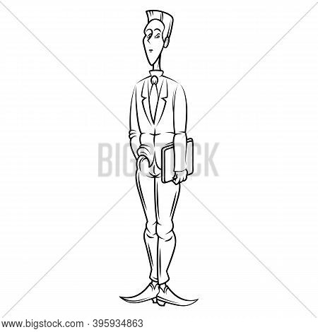 Young Male Businessman In A Suit With A Laptop In His Hand. Haracter Outline Cartoon Illustration Is