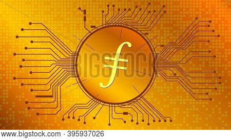 Filecoin Cryptocurrency Token Symbol, Fil Coin Icon In Circle With Pcb On Gold Background. Vector Il