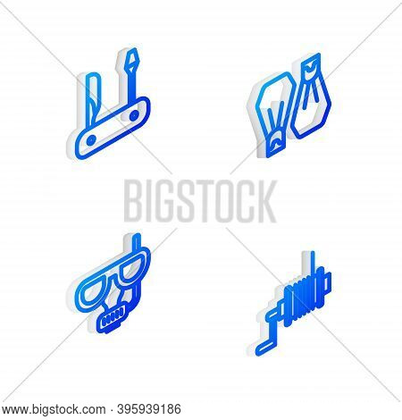 Set Isometric Line Rubber Flippers For Swimming, Swiss Army Knife, Diving Mask And Snorkel And Spinn