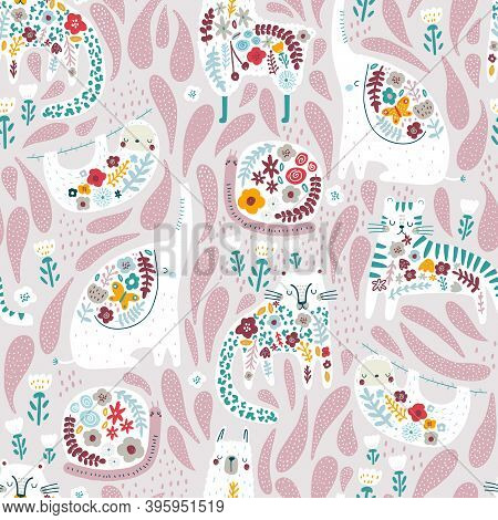 Seamless Pattern With Cute Floral Elephant, Llama, Sloth, Tiger, Cheetah, Snail. Creative Blooming T