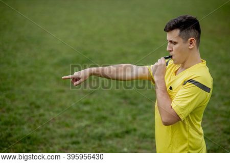 Referee Indicates A Violation Of The Rules. Concept Of Sport, Rules Violation, Controversial Issues,