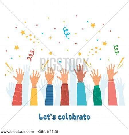 Raised Hands Of Happy People Celebrating. Crowd Of People At Party. People Celebrate. Firecrackers, 