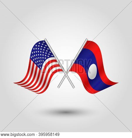 Vector Two Crossed American And Laotian Flags On Silver Sticks - Symbol Of United States Of America 