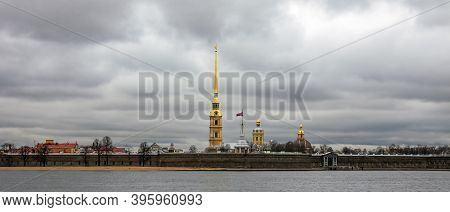 View Of The Panorama Of The Peter And Paul Cathedral And The Walls Of The Fortress On Zayachy Island