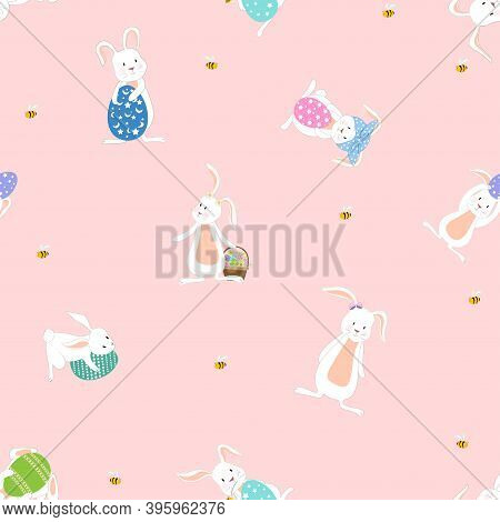 Seamless Cute Set Of Easter Paper Cut, Rabbit, Egg Bee On Pink Background, Vector Pattern Cartoon Fl