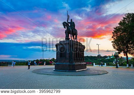 Monument To Grand Prince Vladimir And Saint Fedor In Vladimir City, Golden Ring Of Russia At Sunset