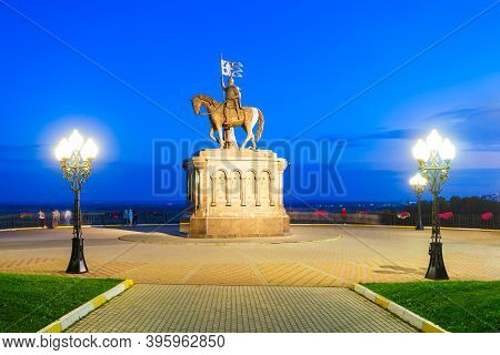Monument To Grand Prince Vladimir And Saint Fedor In Vladimir City, Golden Ring Of Russia At Sunset