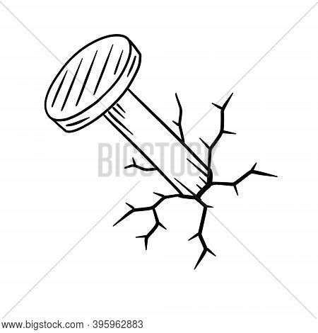 Nail. Peg Driven Into The Wall. Cracks And Fractures. Place For Picture. Funny Sketch Illustration I