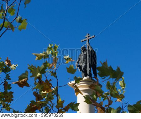 Russia, Sochi, November, 2020: Monument To Saint Michael The Archangel. Monumental Column With A Scu