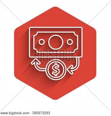 White Line Stacks Paper Money Cash Icon Isolated With Long Shadow. Money Banknotes Stacks. Bill Curr
