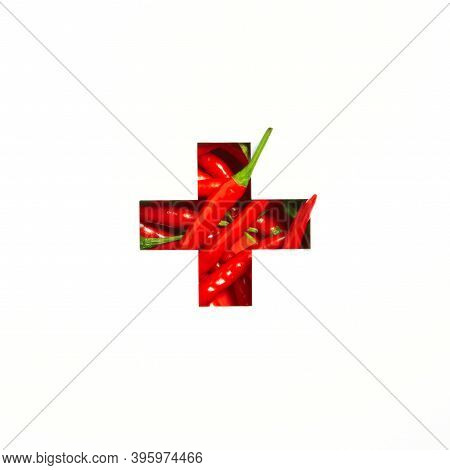 Plus Summation Sign Or Cross Of Hot Red Chili Peppers, Cut Paper Isolated On White. Veggie Font