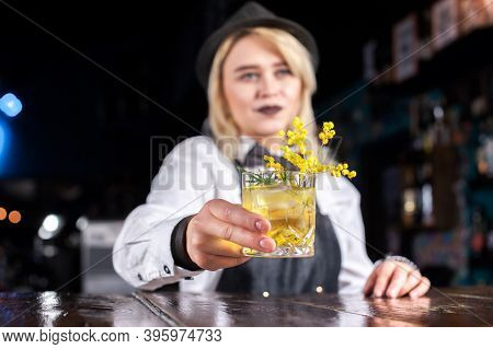 Girl Barman Makes A Cocktail On The Saloon