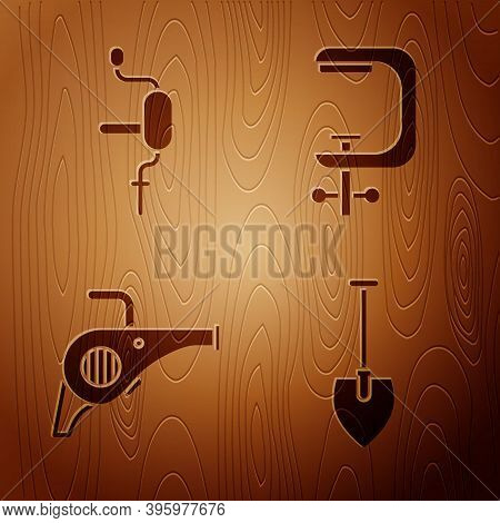 Set Shovel, Hand Drill, Leaf Garden Blower And Clamp And Screw Tool On Wooden Background. Vector