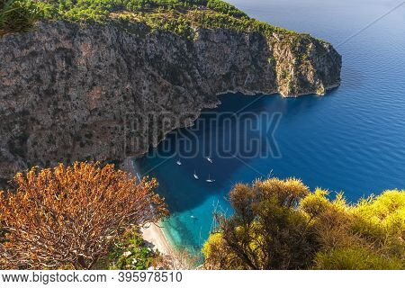Aerial View Of Butterfly Valley With Sandy Beach, Azure Water And Yachts In The City Of Oludeniz Or 