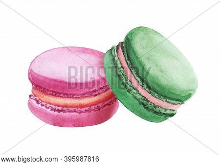 Watercolor Image Of Two Colorful Macaroons Isolated On White Background. Hand Drawn Illustration Of 