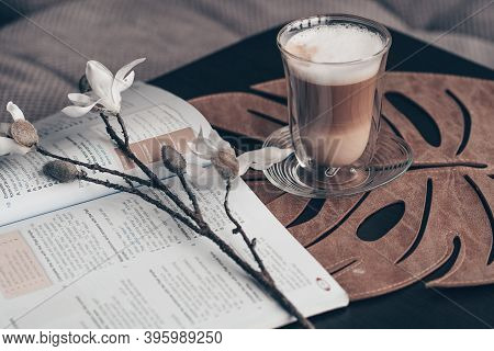 Notepad, Laptop And Coffee Cup On Wood Table. View From Above