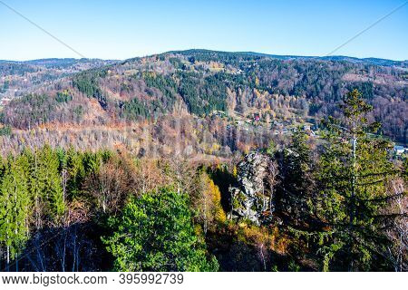 Aerial View Of Tanvald From Terezinka Lookout Point. Autumn Sunny Day. Jizera Mountains, Northern Bo