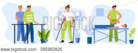 Cartoon Character Set Of Medical Rehabilitation Activity In Person With Disability. Vector Illustrat